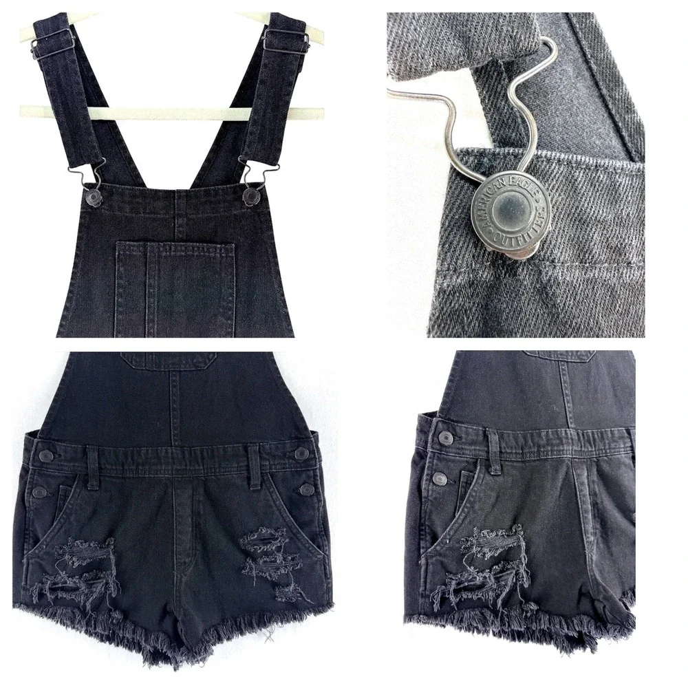 American Eagle Black Denim Bibs Short Overalls XS Distressed Grunge Fall Harvst